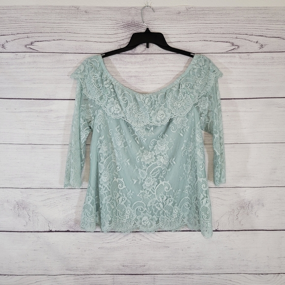White House Black Market Seafoam Lace Blouse Top Sz Lg - Picture 5 of 5